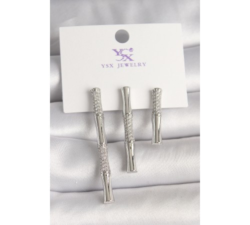 Pirinç Gümüş Renk Zirkon Taşlı Bambu Model 3'Lü Kadın Kombin Küpe