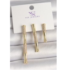 Pirinç Gold Renk Zirkon Taşlı Bambu Model 3'Lü Kadın Kombin Küpe