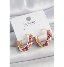 Pirinç Gold Renk Halka Mor Çiçek Mineli Kadın Küpe