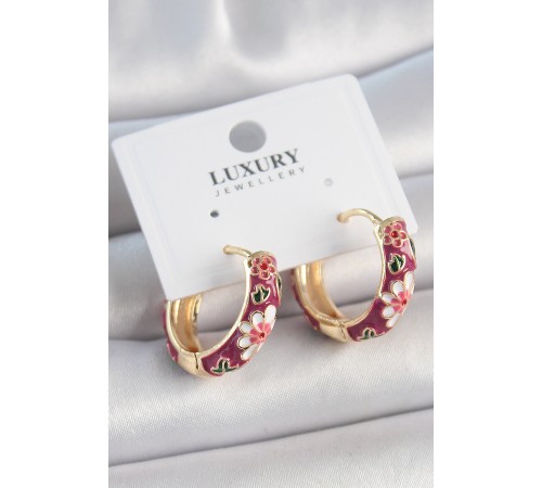 Pirinç Gold Renk Halka Mor Çiçek Mineli Kadın Küpe