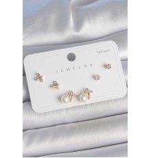 Pirinç Gold Renk Zirkon Taşlı Kelebek Model İnci Detay 925 Ayar Gümüş Çivi Kadın Küpe Seti