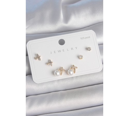 Pirinç Gold Renk Zirkon Taşlı Kelebek Model İnci Detay 925 Ayar Gümüş Çivi Kadın Küpe Seti