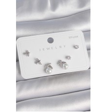 Pirinç Gümüş Renk Zirkon Taşlı Kelebek Model İnci Detay 925 Ayar Gümüş Çivi Kadın Küpe Seti