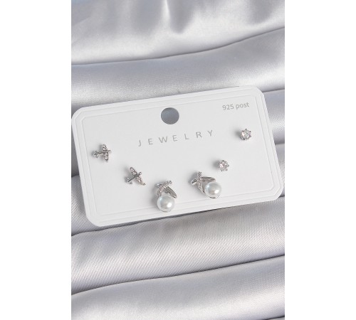 Pirinç Gümüş Renk Zirkon Taşlı Kelebek Model İnci Detay 925 Ayar Gümüş Çivi Kadın Küpe Seti