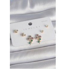 Pirinç Gold Renk Renkli Zirkon Taşlı Çiçek Model Yaprak Detay 925 Ayar Gümüş Çivi Kadın Küpe Seti