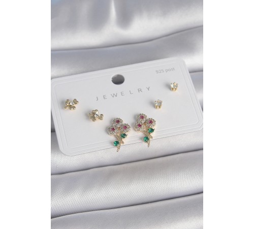 Pirinç Gold Renk Renkli Zirkon Taşlı Çiçek Model Yaprak Detay 925 Ayar Gümüş Çivi Kadın Küpe Seti