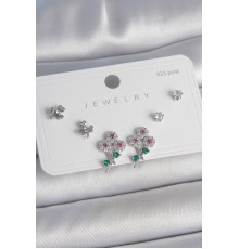 Pirinç Gümüş Renk Renkli Zirkon Taşlı Çiçek Model Yaprak Detay 925 Ayar Gümüş Çivi Kadın Küpe Seti