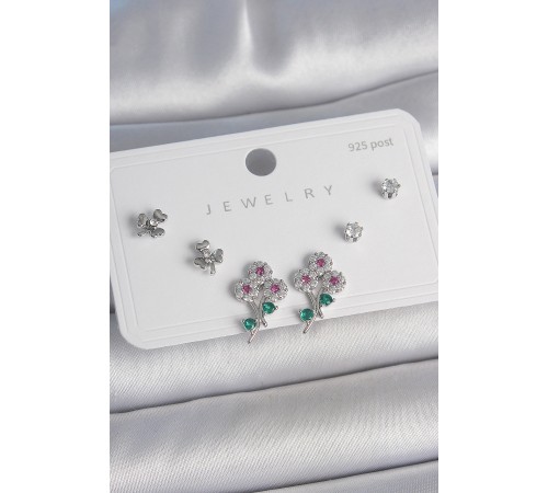 Pirinç Gümüş Renk Renkli Zirkon Taşlı Çiçek Model Yaprak Detay 925 Ayar Gümüş Çivi Kadın Küpe Seti