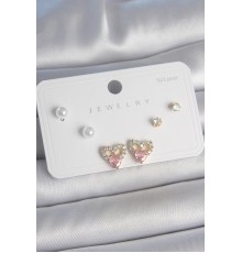 Pirinç Gold Renk Pembe Zirkon Taşlı Kalp Model İnci Detay 925 Ayar Kadın Küpe Seti