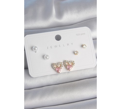 Pirinç Gold Renk Pembe Zirkon Taşlı Kalp Model İnci Detay 925 Ayar Kadın Küpe Seti