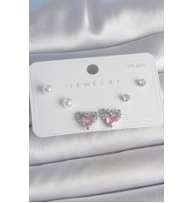 Pirinç Gümüş Renk Pembe Zirkon Taşlı Kalp Model İnci Detay 925 Ayar Gümüş Çivi Kadın Küpe Seti