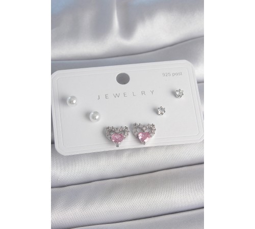 Pirinç Gümüş Renk Pembe Zirkon Taşlı Kalp Model İnci Detay 925 Ayar Gümüş Çivi Kadın Küpe Seti