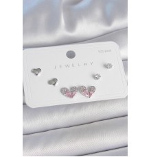 Pirinç Gümüş Renk Pembe Zirkon Taşlı Kalp Model 925 Ayar Gümüş Çivi Kadın Küpe Seti
