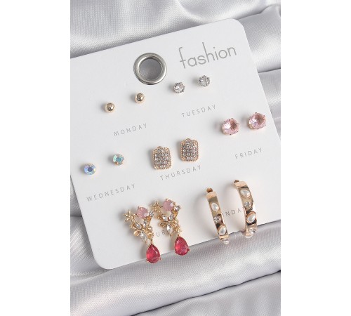 Pirinç Gold Renk Zirkon Taşlı Çiçek Figür İncili Halka Figür 7 Çift Kadın Küpe Seti