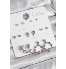 Pirinç Gümüş Renk Zirkon Taşlı Gül Figür Halka Model 7 Çift Kadın Küpe Seti