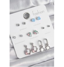 Pirinç Gümüş Renk Zirkon Taşlı Sallantı Halka Model Çiçek Detay 7 Çift Kadın Küpe Seti