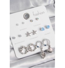 Pirinç Gümüş Renk İncli Zirkon Taşlı Halka Figür Yıldız Detay 7 Çift Kadın Küpe Seti