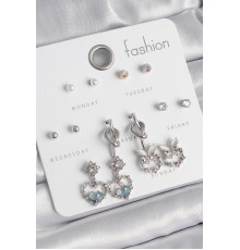 Pirinç Gümüş Renk Sallantı Zirkon Taşlı Kalp Model Düğüm Detay 7 Çift Kadın Küpe Seti