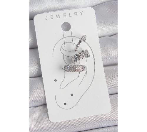 Pirinç Gümüş Renk Zirkon Taşlı 3'Lü Model Yaprak Figür Kadın Kıkırdak Küpe