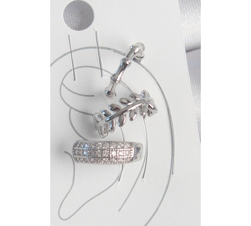 Pirinç Gümüş Renk Zirkon Taşlı 3'Lü Model Yaprak Figür Kadın Kıkırdak Küpe