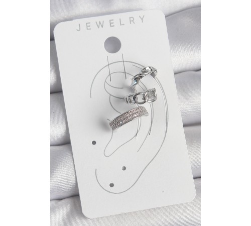 Pirinç Gümüş Renk Zirkon Taşlı 3'Lü Zincir Sarmal Model Kadın Kıkırdak Küpe