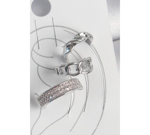 Pirinç Gümüş Renk Zirkon Taşlı 3'Lü Zincir Sarmal Model Kadın Kıkırdak Küpe