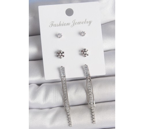 Pirinç Gold Renk Zirkon Taşlı Sallantılı Çiçek Detay 3 Çfit Kadın Küpe Seti