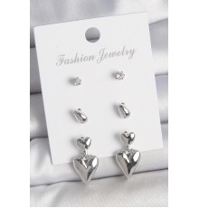 Pirinç Gümüş Renk Zirkon Taşlı Sallantılı Kalp Model 3 Çift Kadın Küpe Seti