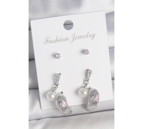 Pirinç Gümüş Renk Sallantılı Zirkon Taşlı Damla Model 3 Çift Kadın Küpe Seti