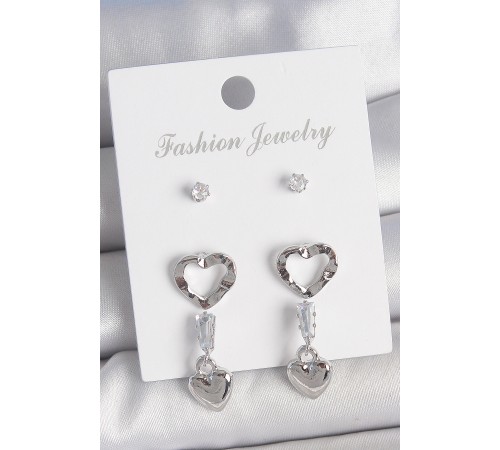 Pirinç Gümüş Renk Zirkon Taş Detaylı Sallantı Model 2 Çift Kadın Küpe Seti