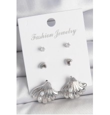 Pirinç Gümüş Renk Zirkon Taş Detaylı İnci Detaylı Deniz Kabuğu Model 3 Çift Kadın Küpe