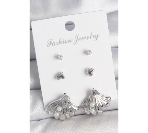 Pirinç Gümüş Renk Zirkon Taş Detaylı İnci Detaylı Deniz Kabuğu Model 3 Çift Kadın Küpe