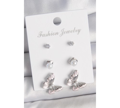 Pirinç Gümüş Renk Zirkon Taşlı İnci Detaylı Kelebek Model 3 Çift Kadın Küpe Seti