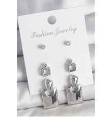 Pirinç Gümüş Renk Zirkon Taş Detay Sallantılı Kare Model 3 Çift Kadın Küpe Seti