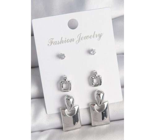 Pirinç Gümüş Renk Zirkon Taş Detay Sallantılı Kare Model 3 Çift Kadın Küpe Seti