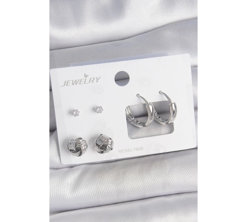 Pirinç Gümüş Renk Zirkon Taşlı Halka Model 3 Çift Kadın Küpe Seti