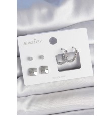 Pirinç Gümüş Renk Zirkon Taşlı Burgu Halka Model Kare Detay 3 Çift Kadın Küpe Seti