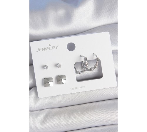 Pirinç Gümüş Renk Zirkon Taşlı Burgu Halka Model Kare Detay 3 Çift Kadın Küpe Seti