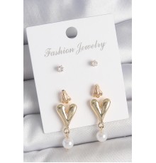 Pirinç Gold Renk Zirkon Taşlı İncili Sallantılı Kalp Model 3 Çift Kadın Küpe Seti