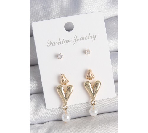 Pirinç Gold Renk Zirkon Taşlı İncili Sallantılı Kalp Model 3 Çift Kadın Küpe Seti