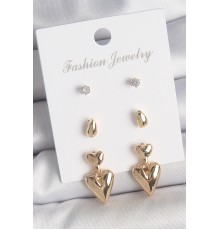 Pirinç Gold Renk Zirkon Taşlı Sallantılı Kalp Model 3 Çift Kadın Küpe Seti