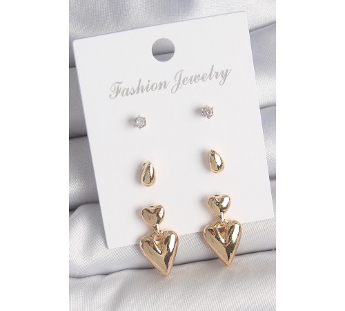 Pirinç Gold Renk Zirkon Taşlı Sallantılı Kalp Model 3 Çift Kadın Küpe Seti