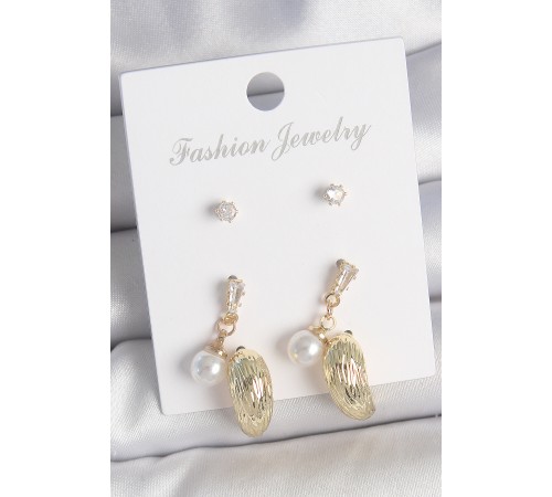 Pirinç Gold Renk Zirkon Taşlı İncili Sallantılı İşlemeli Damla Model 3 Çift Kadın Küpe Seti