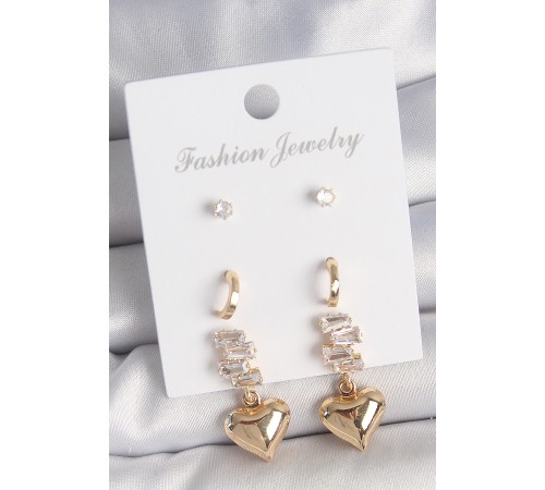 Pirinç Gold Renk Zirkon Taşlı Sallantılı Kalp Model Yarım Halka Detay 3 Çift Kadın Küpe Seti