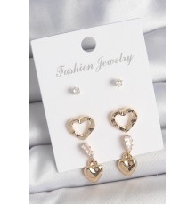 Pirinç Gold Renk Zirkon Taşlı Sallantı Kalp Model Kadın 3 Çift Küpe Seti