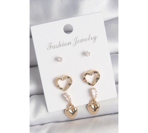 Pirinç Gold Renk Zirkon Taşlı Sallantı Kalp Model Kadın 3 Çift Küpe Seti