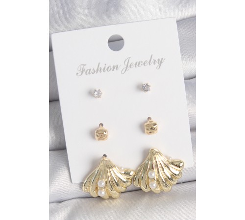 Pirinç Gold Renk Zirkon Taşlı İnci Detaylı Deniz Kabuğu Model 3 Çift Kadın Küpe Seti