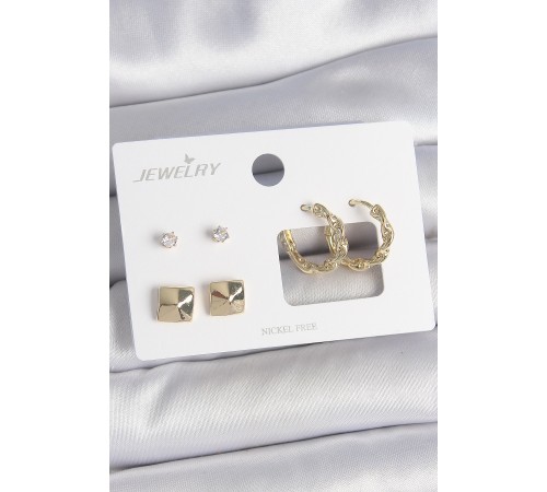 Pirinç Gold Renk Burgu Halka Model Zirkon Taşlı Kare Detay 3 Çift Kadın Küpe Seti