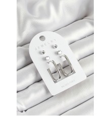 Pirinç Zirkon Taş Ve Dikdörtgen Figürlü Gümüş Renk 3'lü Çift Kadın Küpe Set