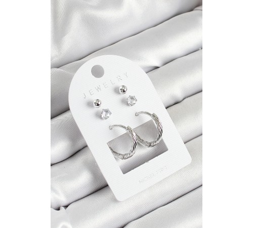 Pirinç Zirkon Taş Ve Halka Figürlü Gümüş Renk 3'lü Çift Kadın Küpe Set